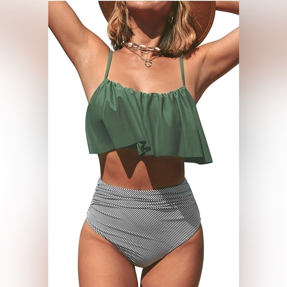 Felnart Olive Green Women’s High Waisted Ruched Bikini Small New